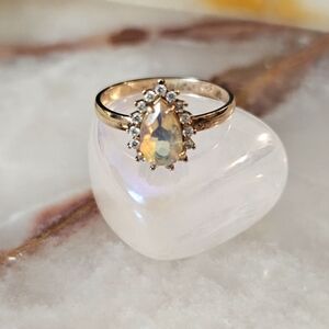 925 Rose Gold Ring with Faceted Pear Cut Opal Stone and CZ Halo  Size 6.75